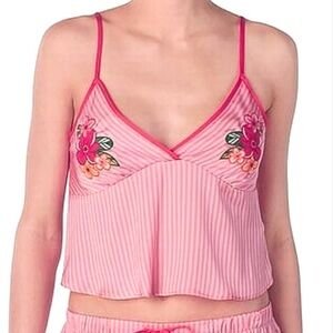 Room Service Pink Striped Camisol Medium Top Satin Embroidered Spaghetti Straps